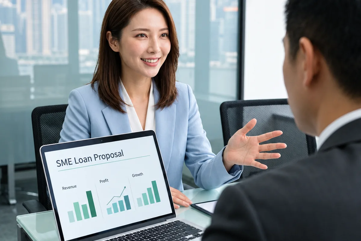 A funding strategist and a business owner reviewing financing documents