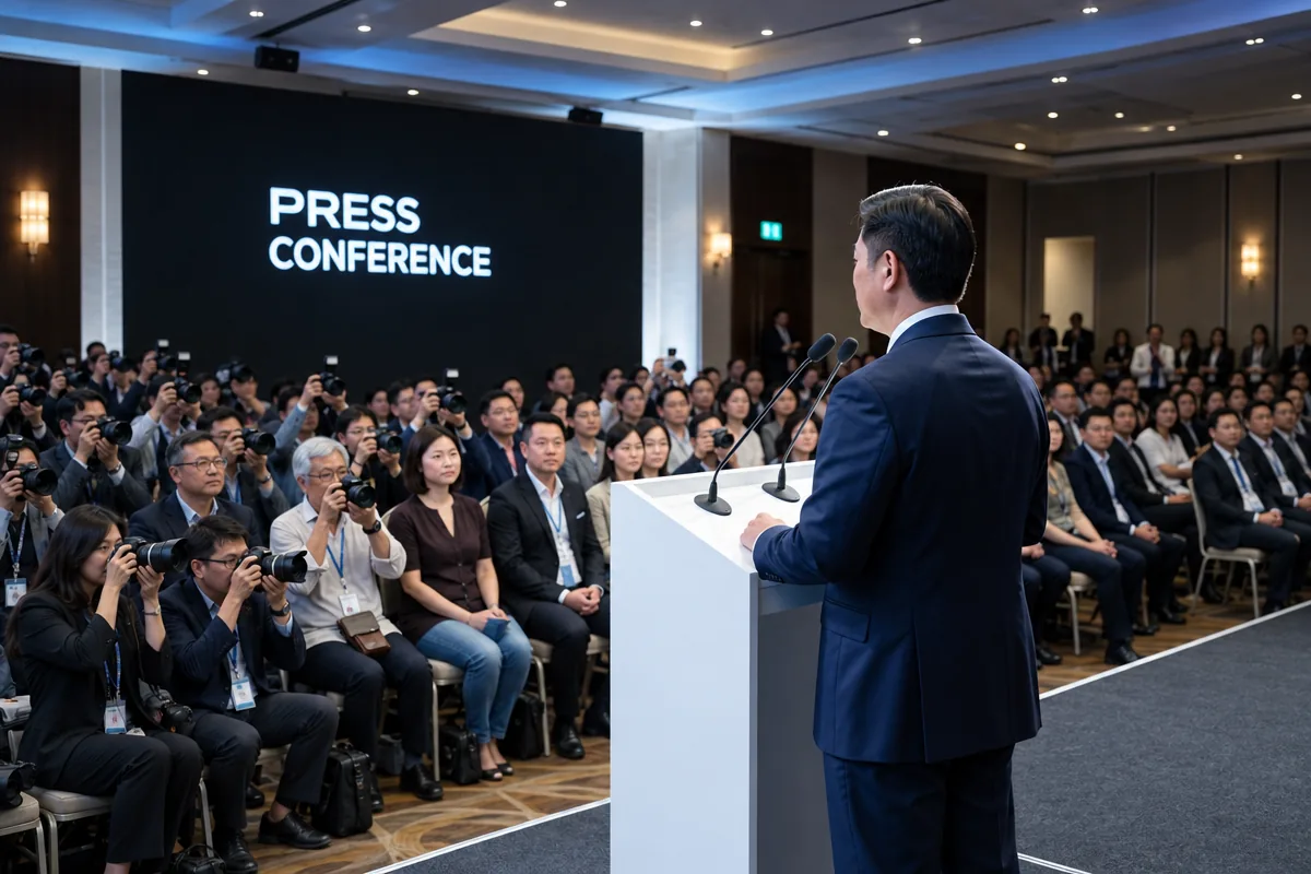 A press conference and media interview scene