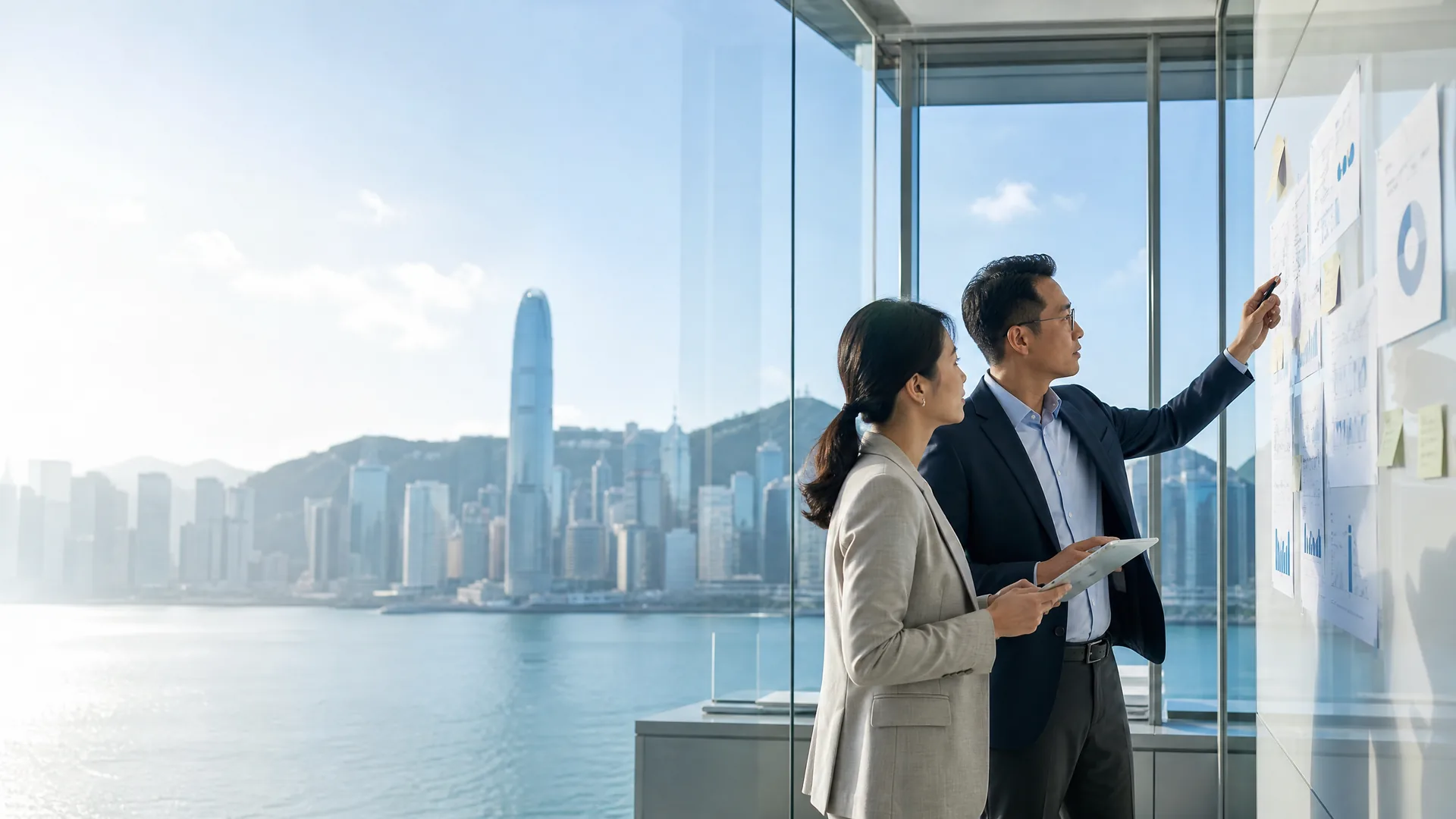 香港企業團隊在維港景觀辦公室整理業務計劃